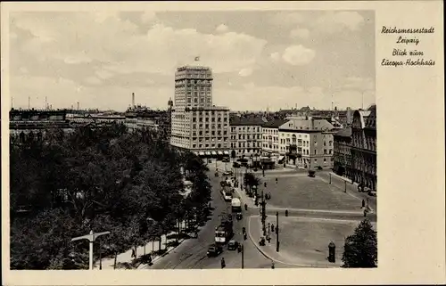 Ak Leipzig, Blick zum Europa-Hochhaus, Straßenbahn