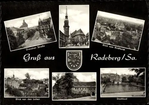 Ak Radeberg in Sachsen, Dresdner Straße, Stadtbad, Blick vom Kirchturm, Blick von den Leiten