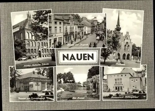 Ak Nauen im Havelland, Käthe-Kollwitz-Schule, Rathaus, Straße der Jugend, Theater der Freundschaft