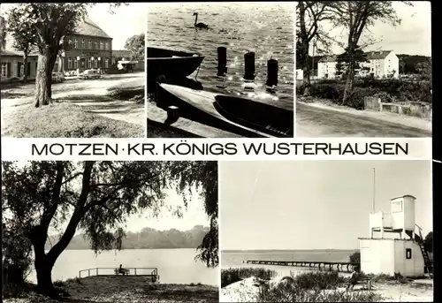 Ak Motzen Mittenwalde in der Mark, Seeblick, Gasthaus, Steg, Wachturm