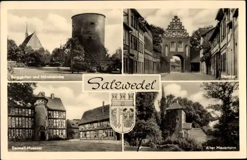 Ak Salzwedel in der Altmark, Burggarten, Mönchskirche, Steintor, Alter Mauerturm, Danneil-Museum