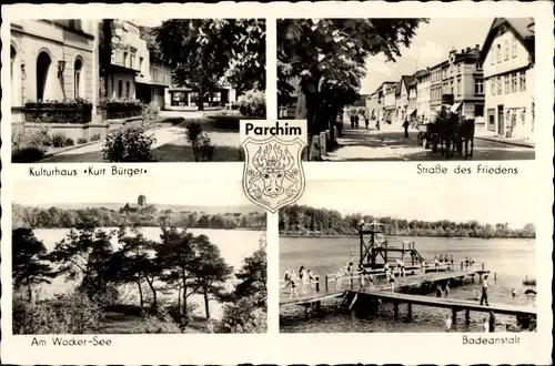 Ak Parchim in Mecklenburg, Kulturhaus Kurt Bürger, Straße des Friedens, Wocker-See, Badeanstalt