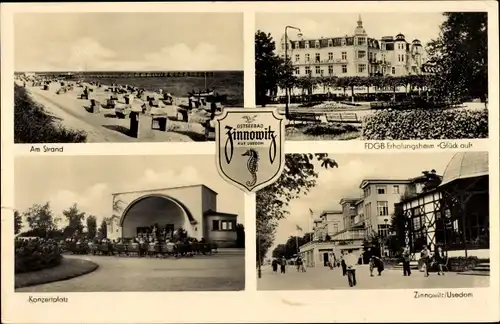 Ak Ostseebad Zinnowitz auf Usedom, Strand, FDGB-Erholungsheim Glück auf, Konzertplatz