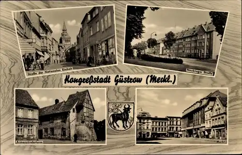 Ak Güstrow in Mecklenburg, Straße der Nationalen Einheit, Neukruger Straße, Wappen, Armensünderturm