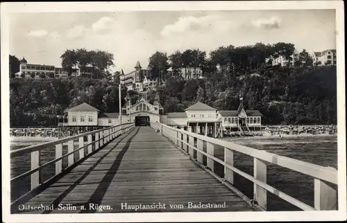 Ak Ostseebad Sellin auf Rügen, Hauptansicht vom Badestrand, Seebrücke