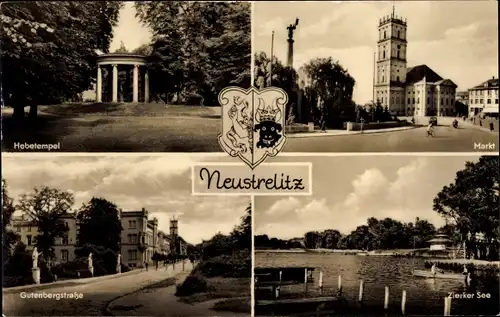 Ak Neustrelitz in Mecklenburg, Hebetempel, Markt, Gutenbergstraße, Zierker See, Wappen