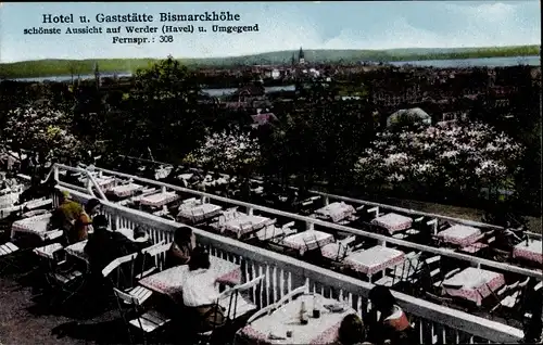 Ak Werder an der Havel, Hotel u. Gaststätte Bismarckhöhe, Terrasse, Aussicht