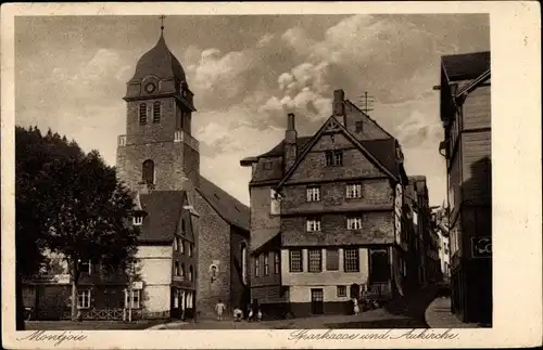 Ak Monschau Montjoie in der Eifel, Sparkasse und Aukirche