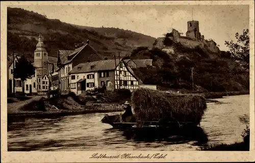 Ak Heimbach Eifel, Burgruine, Kirchturm, Fachwerkhaus, Rinderwagen im Fluss