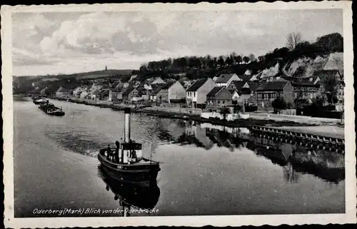 Ak Oderberg in der Mark, Panorama von der Oderbrücke, Schleppzug