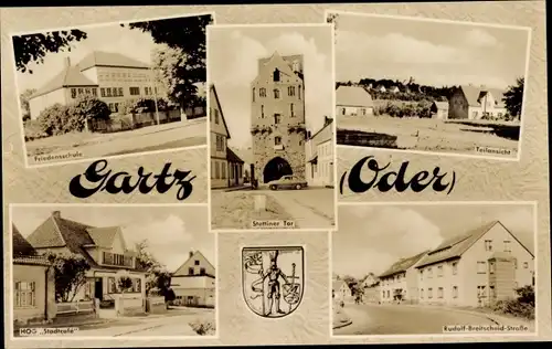 Ak Gartz an der Oder, Stettiner Tor, Friedensschule, HOG Stadtcafe, Wappen