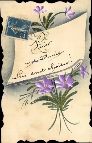 Handgemalt Ak Pour une amie, lila Blüten