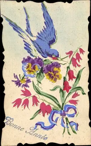 Handgemalt Ak Glückwunsch Neujahr, Schwalbe, Stiefmütterchen, rote Blüten