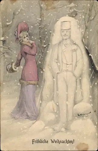 Künstler Litho Rothenberger, G., Glückwunsch Weihnachten, Frau, Mann im Schnee, Muff