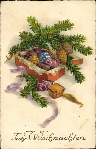 Ak Glückwunsch Weihnachten, Tannenzweige, Geschenke