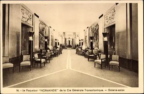 Ak Paquebot Normandie, CGT French Line, Galerie salon