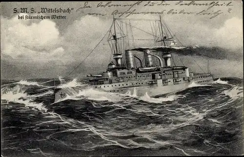 Künstler Ak Deutsches Kriegsschiff SMS Wittelsbach bei stürmischem Wetter, Kaiserliche Marine