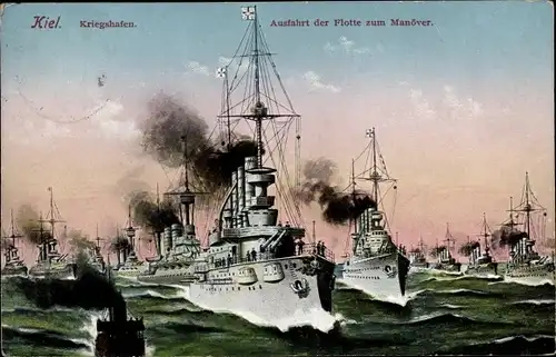 Ak Kiel, Kriegshafen, Deutsche Kriegsschiffe, Ausfahrt der Flotte zum Manöver, Kaiserliche Marine