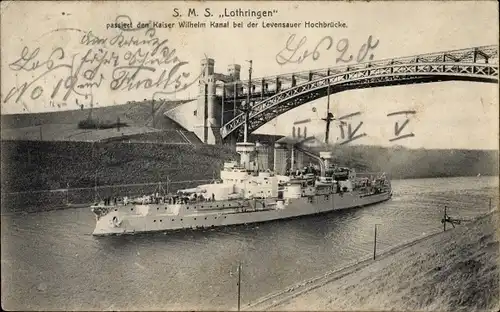 Ak Deutsches Kriegsschiff, SMS Lothringen, Kaiser Wilhelm Kanal, Levensauer Hochbrücke