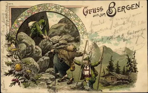 Litho Bergsteiger im Gebirge, dicker Mann