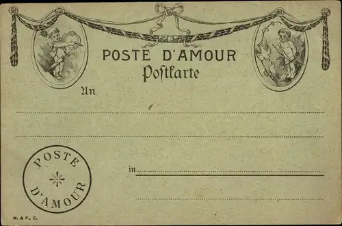 Ak Poste d'Amour, Amor, Liebesengel mit Bogen und Pfeilen
