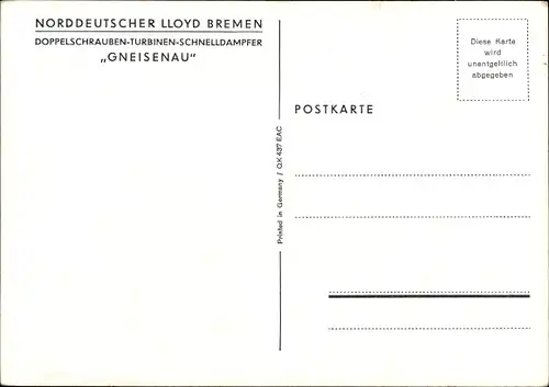 Künstler Ak Dampfer Gneisenau, Norddeutscher Lloyd