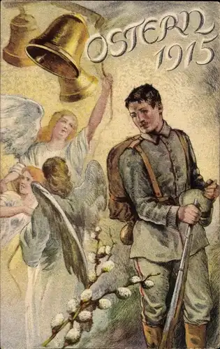 Ak Ostern 1915, deutscher Soldat, Engel läutet Glocke, Weidenkätzchen