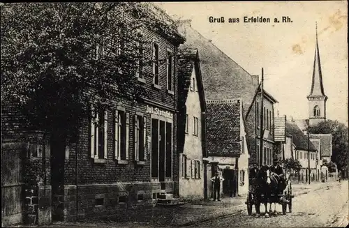 Ak Erfelden Riedstadt am Rhein Hessen, Straßenpartie, Kirche, Geschäft, Fuhrwerk