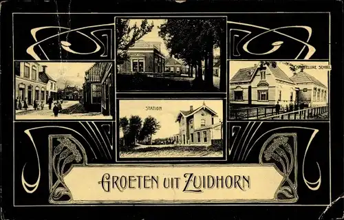 Ak Zuidhorn Groningen Niederlande, Station, School, Straßenpartie
