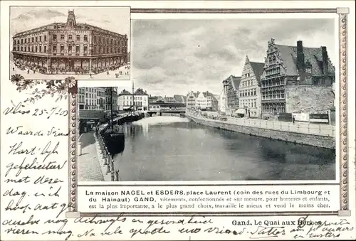 Ak Gand Gent Ostflandern, Le Quai aux Hurbes, la maison Nagel et Esders, place Laurent