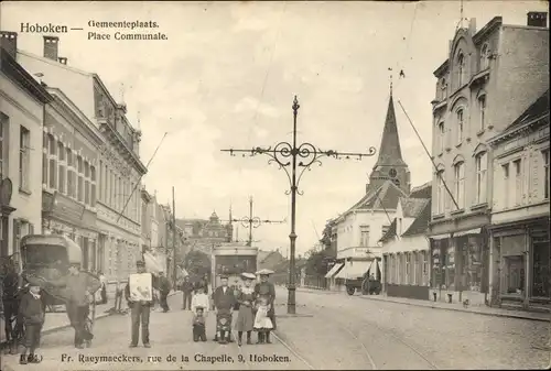 Ak Hoboken Antwerpen Flandern, Gemeenteplaats, Place Communale, tramway