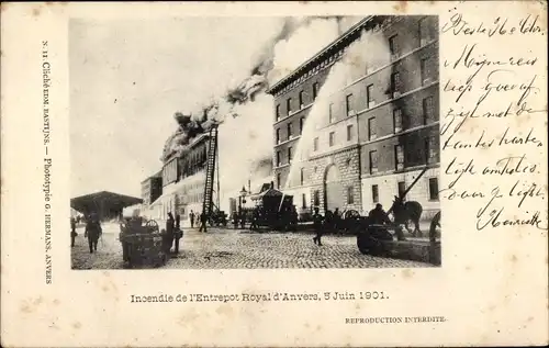 Ak Anvers Antwerpen Flandern, Entrepot Royal, Incendie 1901