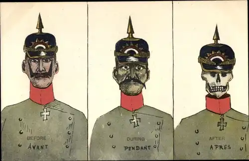 Ak Kaiser Wilhelm II, Karikatur, Before, During, After, Totenschädel
