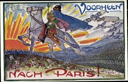 Künstler Ak Voorheen, Nach Paris! Kaiser Wilhelm II an der Spitze seiner Truppen, Karikatur