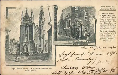 Litho Wien 1 Innere Stadt, Kirche Maria Stiegen am Gestade, Salvator Kapelle
