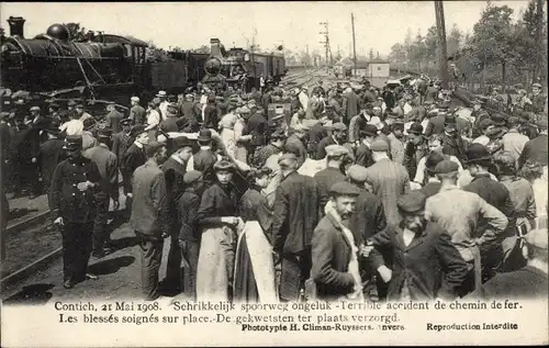 Ak Contich Kontich Flandern Antwerpen, Spoorweg ongeluk, accident de chemin de fer 1908