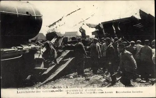 Ak Contich Kontich Flandern Antwerpen, spoorweg ongeluk, accident de chemin de fer 1908