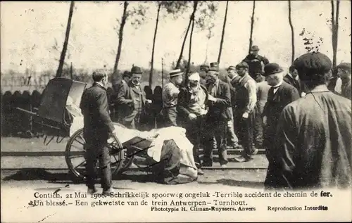 Ak Contich Kontich Flandern Antwerpen, spoorweg ongeluk, accident de chemin de fer 1908, un blessé