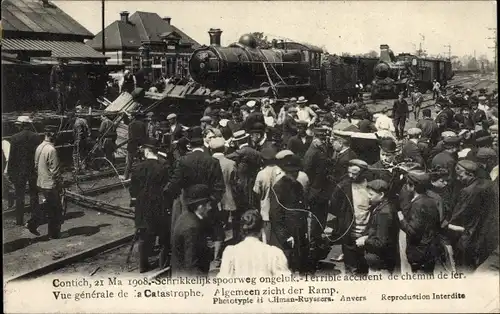 Ak Contich Kontich Flandern Antwerpen, spoorweg ongeluk, accident de chemin de fer 1908