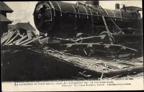 Ak Contich Kontich Flandern Antwerpen, spoorweg ongeluk, accident de chemin de fer 1908, locomotive