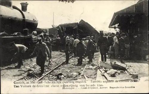 Ak Contich Kontich Flandern Antwerpen, spoorweg ongeluk, accident de chemin de fer 1908, voiture