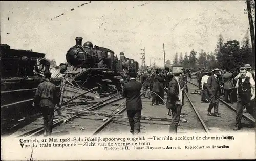 Ak Contich Kontich Flandern Antwerpen, spoorweg ongeluk, accident de chemin de fer 1908