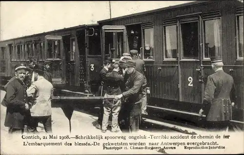 Ak Contich Kontich Flandern Antwerpen, spoorweg ongeluk, accident de chemin de fer 1908, les blessés
