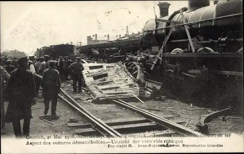 Ak Contich Kontich Flandern Antwerpen, spoorweg ongeluk, accident de chemin de fer 1908, voitures