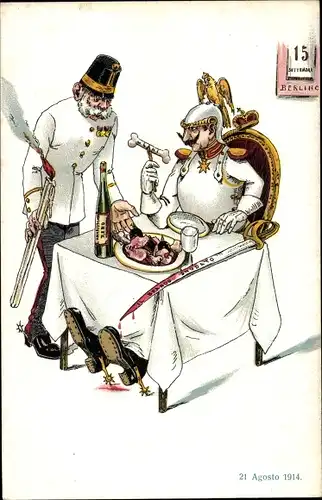 Ak Kaiser Wilhelm II, Kaiser Franz Joseph I., 21 agosto 1914, Karikatur