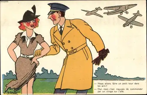 Künstler Ak Spahn, V., Französischer Soldat mit Frau, Pilot, Flugzeuge