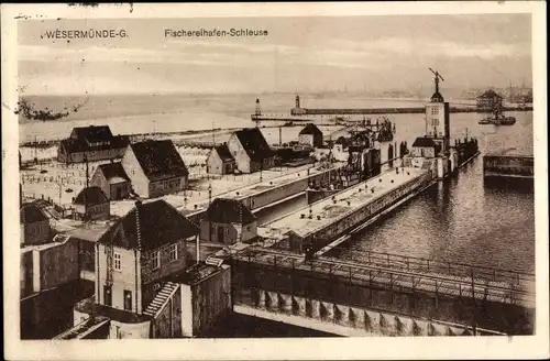 Ak Wesermünde Geestemünde Bremerhaven, Fischereihafen Schleuse