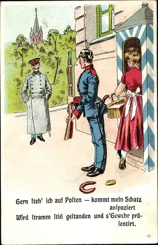 Ak Soldat auf Posten, Geliebte, Essen, Gern steh' ich auf Posten, kommt mein Schatz anspaziert...
