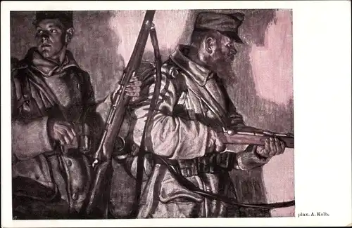 Künstler Ak Kolb, A., Vater und Sohn bei derselben Landsturmkompagnie, KuK Armee
