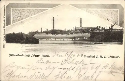 Ak Deutsches Kriegsschiff, SMS Ariadne, Kleiner Kreuzer, Stapellauf, AG Weser Bremen